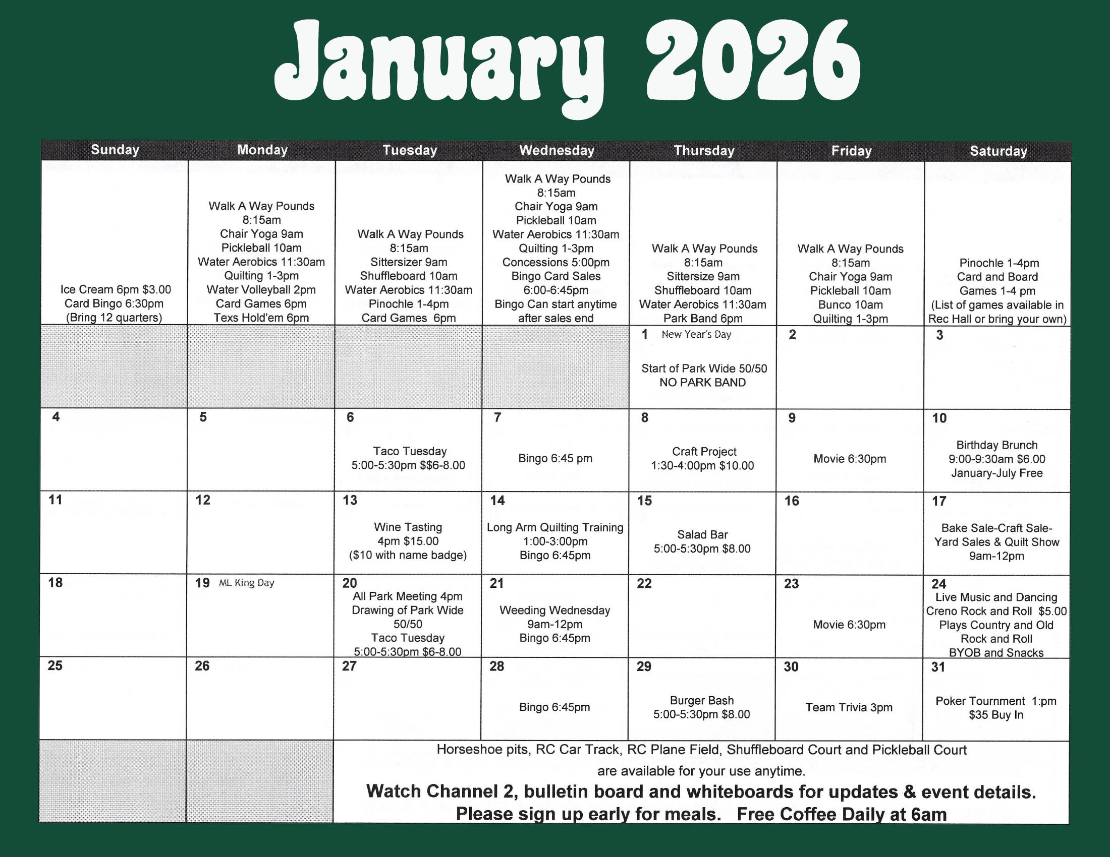 January 2026 Activity Calendar for Copper Mountain RV Park