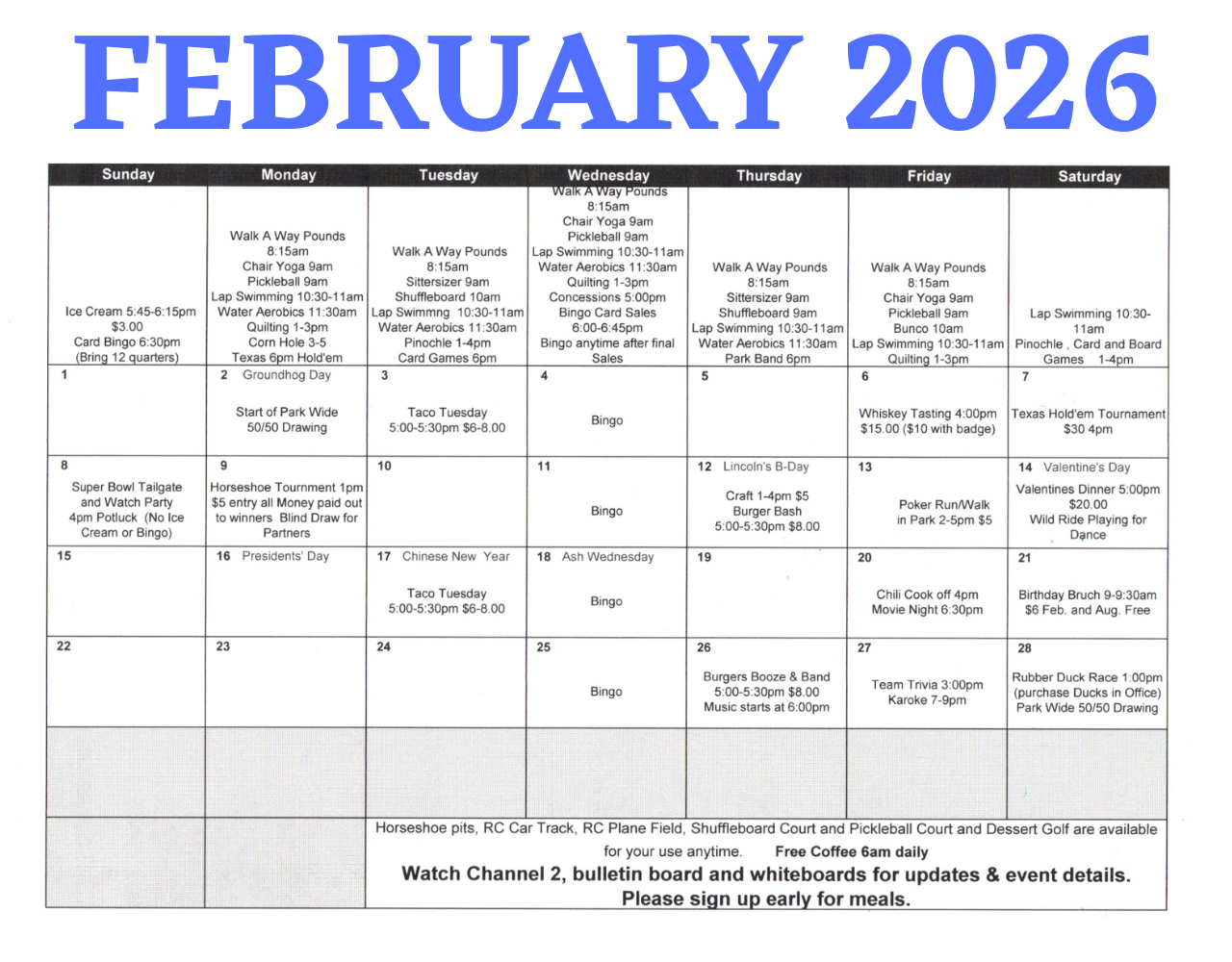 Copper Mountain RV Park - February 2026 Activities Calendar