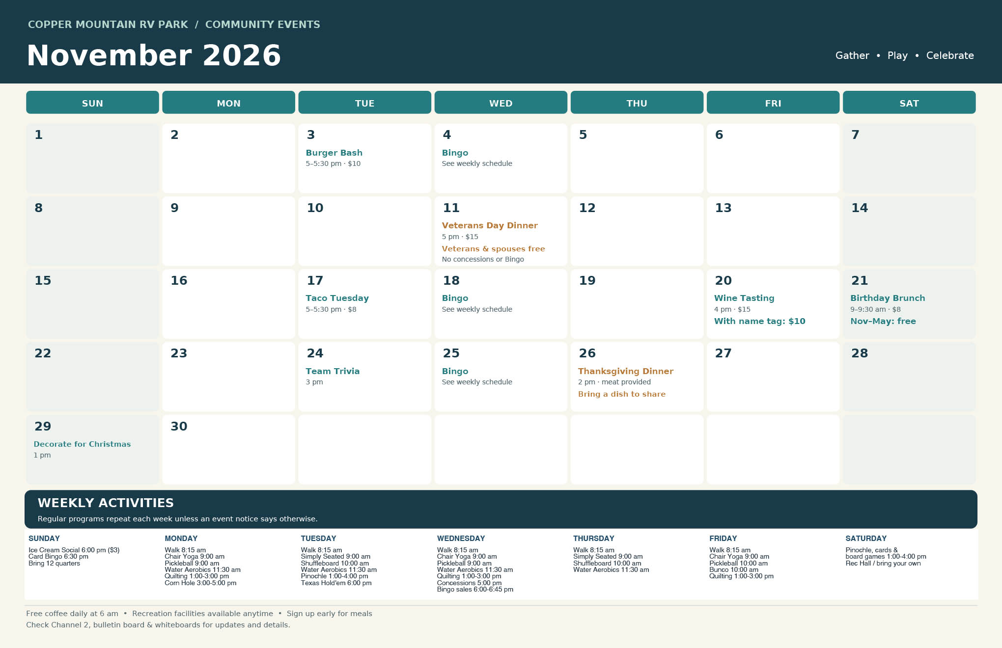 Copper Mountain RV Park - November 2026 Activities